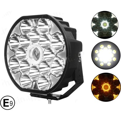 Phare LED halogène 22 cm — lumière blanche + feux de position blanc et jaune, 80 W, 9100 lm, 12 V / 24 V, marquage E (E9), bus,