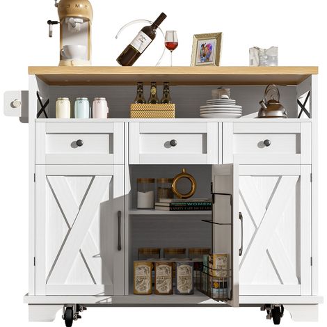 Îlot de cuisine moderne 118 × 43 × 98 cm, meuble effet bois sur roulettes avec rangement multifonction, cloisons amovibles et porte-serviettes, blanc (1/5)