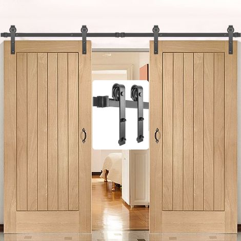 Kit Quincaillerie Porte Double 366 cm Suspendue 150 kg Rail Porte Coulissante Acier Carbone 4 Cintres 6x4x30 cm Épaisseur Porte 35-45 mm pour Portes 183 cm Chambre Garages (1/5)