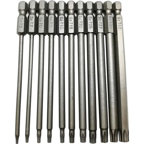 11 piezas, Juego de destornilladores Torx largos, Juego de puntas Torx huecas, Acero S2, 100 mm, T6 T7 T8 T9 T10 T15 T20 T25 T27 T30 T40 (1/5)