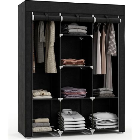 Kleiderschrank mit mehreren Stauräumen – 8 Regalböden, 2 Kleiderstangen – schwarzer Vliesstoff (1/5)