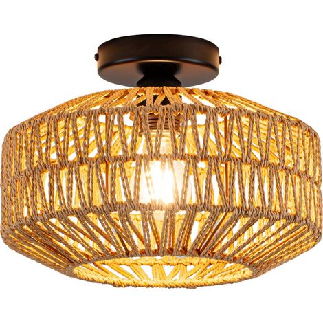 Plafonnier en rotin style bohème, fixation affleurante, pour couloir, chambre, cuisine, salon (E27)
