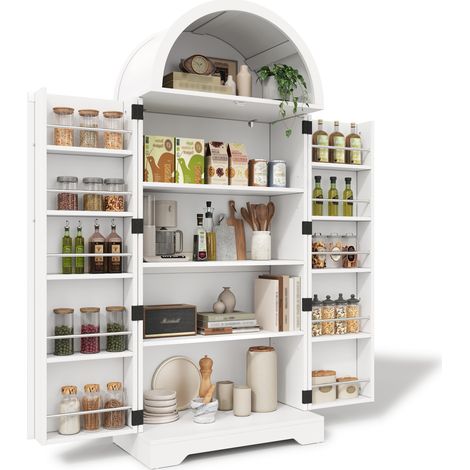 Buffet vitrine arqué 70x40x165 cm blanc en MDF avec étagères ouvertes, rangements de porte et fixation murale, pour cuisine, salon et salle à manger  CHICFURN (1/5)