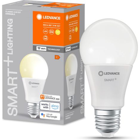 LEDVANCE Lampada LED SMART+ WIFI, smerigliata, 9W, 806lm, forma classica a goccia con E27, luce bianca calda a 2700K, dimmerabile, app o controllo vocale, fino a 20.000HR, confezione da 4
