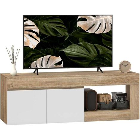 Mobile porta TV a 2 ante - Compatibile con televisori fino a 60 pollici, con armadietto e ripiano a giorno, design effetto legno naturale.