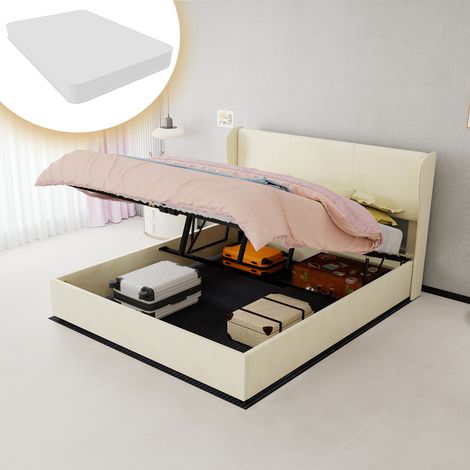 Lit capitonné moderne minimaliste tête douce confortable, 160 x 200 cm, beige, chambre multifonctionnel, coffre haut vérin gaz, matelas 160 (1/5)