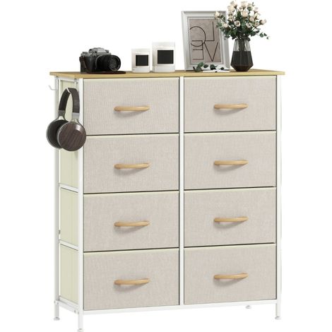 Commode 8 tiroirs en tissu avec structure acier - Plateau en bois - 4 sacs et 2 crochets - Coloris beige (1/5)