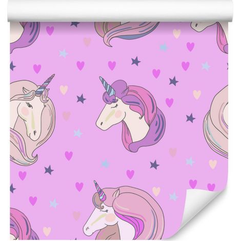 Papel pintado de unicornios frente a estrellas y corazones para salón y dormitorio, 50x1000 cm. (1/5)