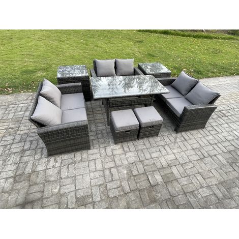 Fimous 8 Seater Wicker PE Rattan Garden Furniture Sets Outdoor Lounge Sofa Set with Oblong Dining Table Double Seat Sofa 2 Small Footstools 2 Side Tables Dark Grey Mixed (1/5)