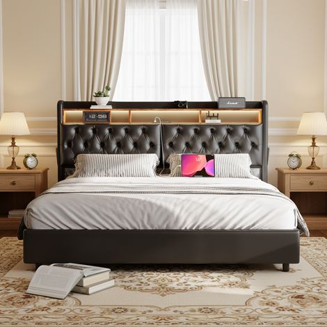 Lit adulte 180x200, lit coffre 180x200, lit double capitonné, avec éclairage LED, avec sommier à lattes, rangement, cadre de lit en métal, Noir (1/5)