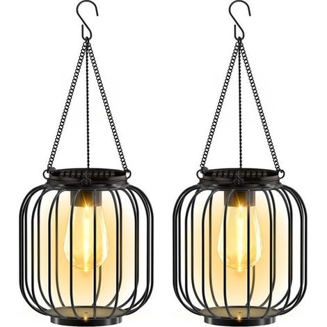 Lot de 2 lanternes solaires suspendues en métal, étanches, éclairage blanc chaud pour jardin et terrasse (1/2)