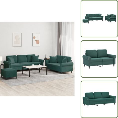 vidaXL Juego de sofás con cojines 3 piezas terciopelo verde oscuro (1/5)