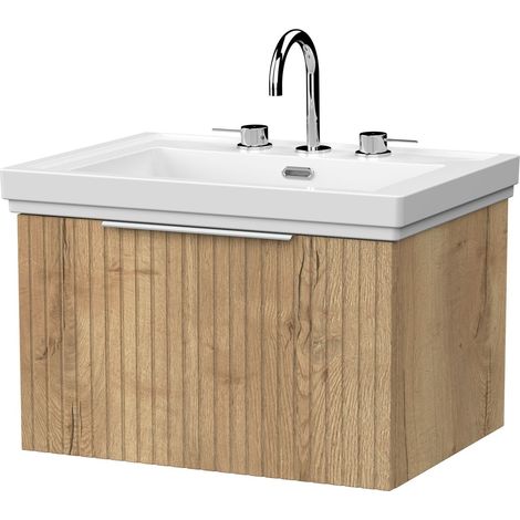 Callingwood Contemporary Wall Hung 1 Drawer Vanity Unit with Traditional 3 Tap Hole Fireclay Basin , 600mm, Autumn Oak