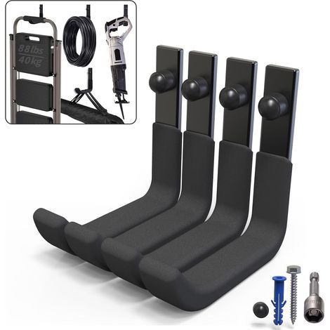 4 crochets de rangement atelier garage, crochet mural garage, Porte Outils de Jardin Mural, J Crochets Universels Noirs à Visser, Supports de Montage Muraux Robustes(10cm, 40kg) (1/4)