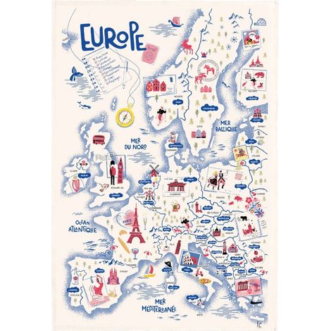 Torchon de Cuisine Essuie-Vaisselle en Coton Robuste Écru Motif Europe 48 x 72 cm - PANGIVO