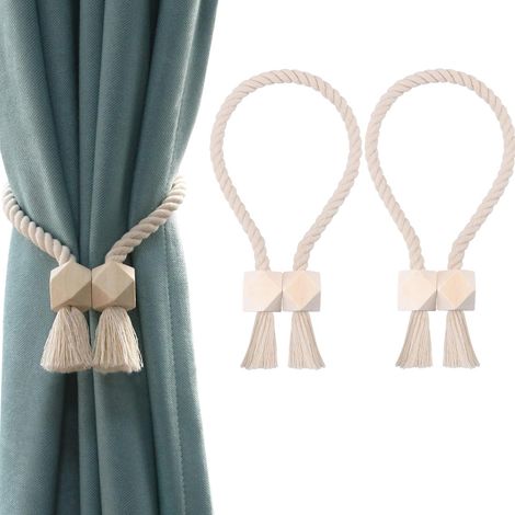 Sujetadores magnéticos para cortinas (juego de 2) — Sujetadores de cortina de algodón tejidos a mano (beige, 2 piezas) (1/5)