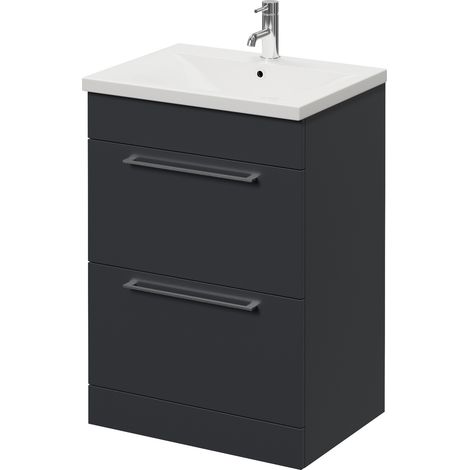 Napoli 460 Gloss Grey 600mm 2 Drawer Vanity Unit with Glide Basin - 600mm - Chrome 320mm Handle