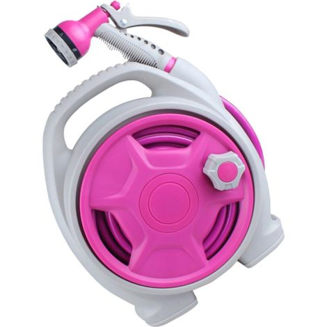 Dévidoir de tuyau d'arrosage portable rose, avec pistolet multifonction, pour jardin et voiture (1/5)