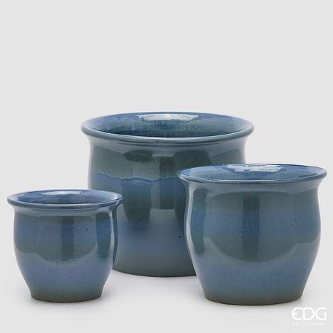 EDG Enzo De Gasperi Set 3 Pz Vaso Cachepot Bombato H 32 Cm H 24 Cm H 20 Cm Ceramica Azzurro (1/4)