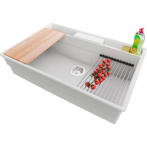 PRIMAGRAN Evier Cuisine en Granit 78x53cm,Lavabo 1 bac + Kit de Vidage + Accessoires, Évier à Encastrer au meuble 80cm - New York, Blanc
