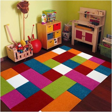 Tapis salon et chambre 80x150 multicolore rectangle tissé motif damier LYN8 CARREAUX (1/4)