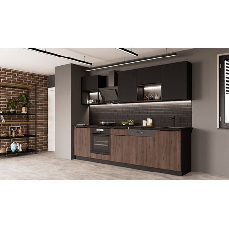 Küche MONZA + SIENA BASIC LOFT 280 cm Küchenzeile Küchenblock Einbauküche Nussbaum Okapi matt + Schwarz matt (1/5)