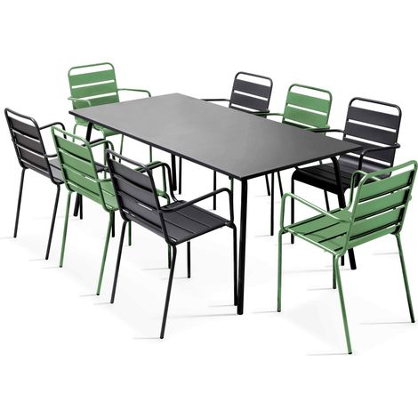 Ensemble table de jardin et 8 fauteuils en métal vert cactus et gris - Palavas (1/5)