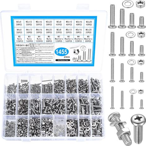 1455 Pcs Boulon M2 M3 M4 M5, Vis et Écrous, Vis à Tête Ronde Cruciforme et Rondelles, Assortiment de Boulons et Écrous en Acier Inoxydable, Visserie Inox (1/5)