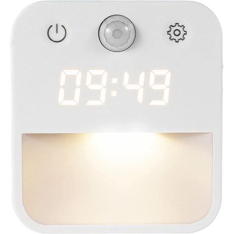 LED-Nachtlicht mit Uhr, Bewegungsmelder, Weiß-/Warmlicht, dimmbar, Steckeranschluss und Lichtsensor geeignet für Treppenhäuser und Schlafzimmer. (1/5)