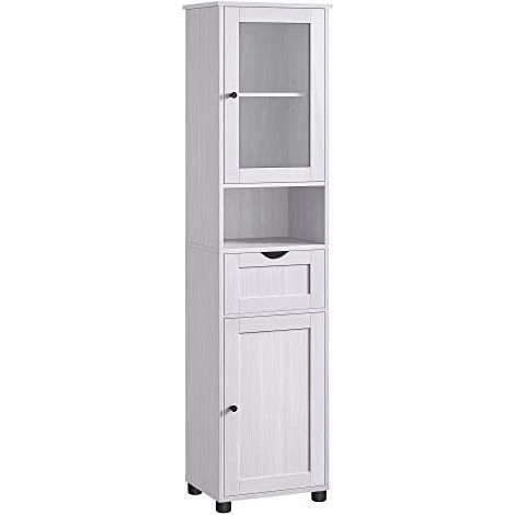 VASAGLE Mobile da Bagno Salvaspazio, Mobile a Colonna, Mobile Alto, Ripiano Aperto, Anta in Vetro, Mobiletto Bagno con Piedini, Ripiani Regolabili in Altezza, Bianco Acero BBK163T44 (1/5)