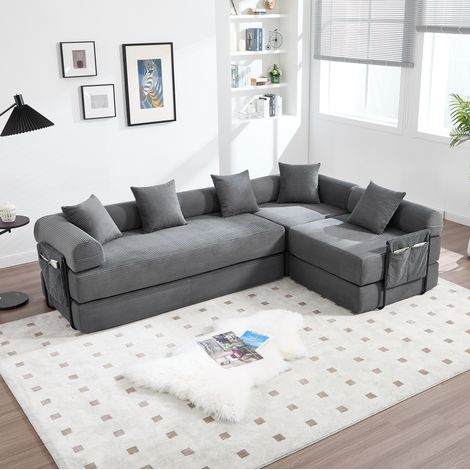 Canapé modulable en velours côtelé gris foncé 270 x 180 cm, convertible avec poche latérale (1/5)