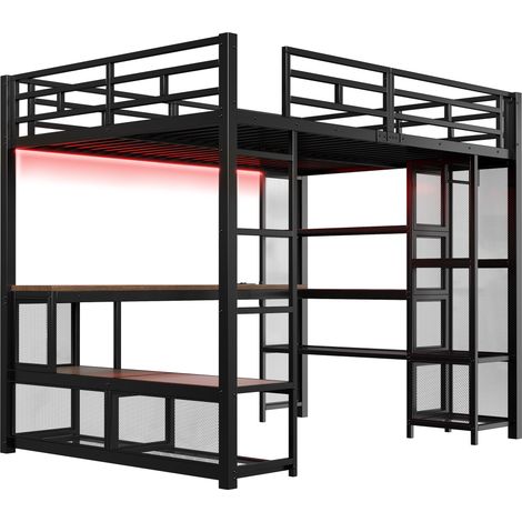 Cama alta metálica 140 x 200 cm con escritorio, estantes, armario abierto e iluminación LED negra (1/5)