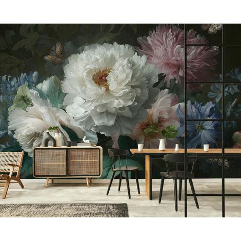 Fototapete Blumen Pfingstrosen Schwarz Hintergrund, für Wohnzimmer und Schlafzimmer, 150 x 105 cm – Komplettset inkl. Kleister & Anleitung (1/5)