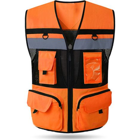 Gilet de sécurité réfléchissant haute visibilité Gilets de sécurité avec poche zippée Doublure en maille Respirant, doux pour la peau et résistant à l'usure Taille M Rouge fluorescent (1/5)