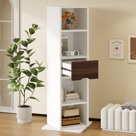 Modernluxe - Vitrine pivotante 45x45x168 cm - Miroir pleine longueur - Avec 1 tiroir et étagères ouvertes - MDF - Blanc (1/5)