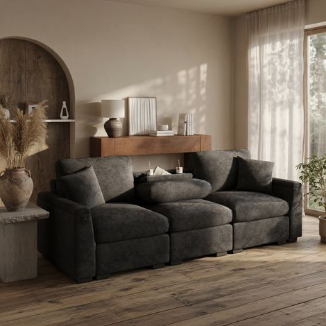Canapé trois places, équipé de coussins, d'une table pliante, d'un port USB, de porte-gobelets et d'un espace de rangement,chenille, gris (1/5)