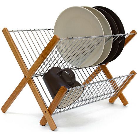 Panier égouttoir pliable en bambou et métal chromé – Dimensions 27 x 38 x 29 cm – Résistant à l'humidité – Pour assiettes et tasses (1/5)