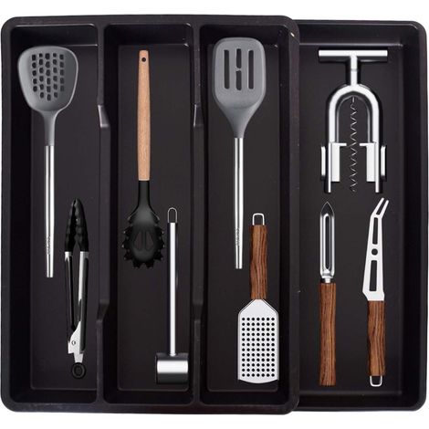 Range Couverts pour Tiroir, Tiroir à Couverts Extensible(30-43x40x5cm), Organisateur Cuisine Réglable en Plastique pour Ustensiles, Cuillères, Fourchettes, Rangement Gain de Place -Noir (1/5)