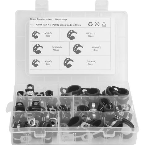 52-teiliges Schlauchschellen-Set vom Typ R mit Gummipolsterung, 5 Größen: 1/4, 3/8, 1/2, 5/8 und 5/16 Zoll. (1/5)