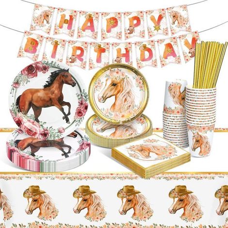 16 pièces vaisselle anniversaire, cheval motif aquarelle, assiettes carton épais + serviettes + gobelets + pailles + nappe 108x180 cm pour fête enfant
