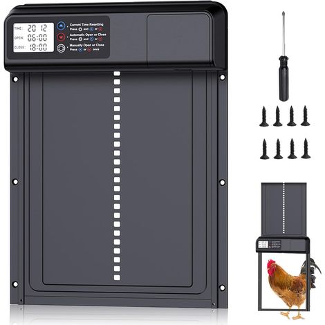 Puerta automática para gallinero, puerta para gallinero a pilas, puerta automática de aluminio para gallinero con temporizador, aleación de aluminio, pantalla LCD impermeable, función antipinzamiento. (1/5)
