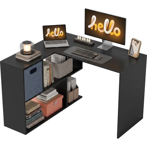 HOMCOM 110 cm L-Shaped Desk, Small Computer Desk with Fabric Drawer, Black (1/5)