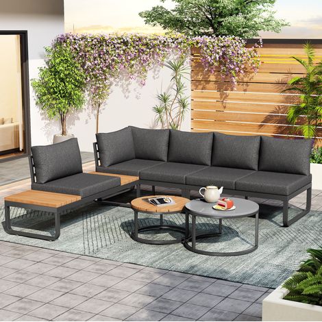 Sofá jardín modular con mesas nido gris HAVRYA (1/5)