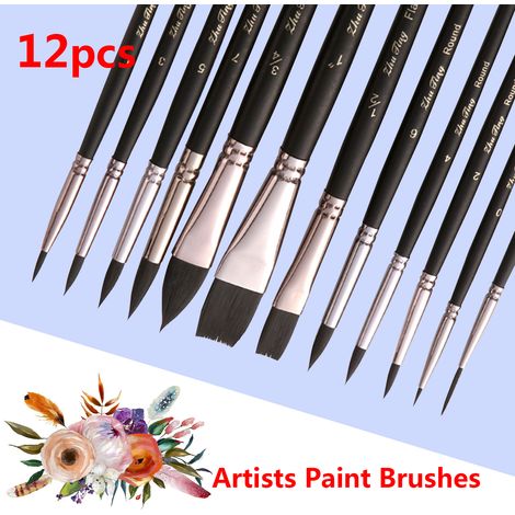 Lot de 12 pinceaux professionnels en poils de nylon avec manche en bois délicat, kit de peinture, cadeau pour artistes, enfants, adultes, huile acrylique, aquarelle, gouache, corps, visage, détails mi (1/5)
