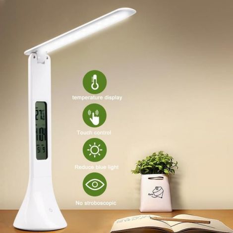 Lampe de bureau à LED pliable Dimmable Touch Lampe de table Calendrier Température Réveil Table Lumière Veilleuse (1/4)