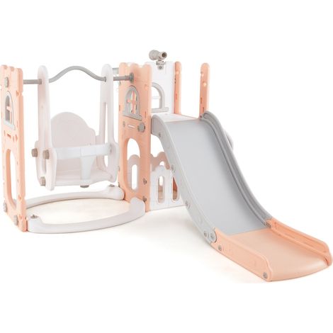 7-in-1 Toddle Swing and Slide Set L-shaped with Ladder and Basketball Hoop-Pink (1/5)