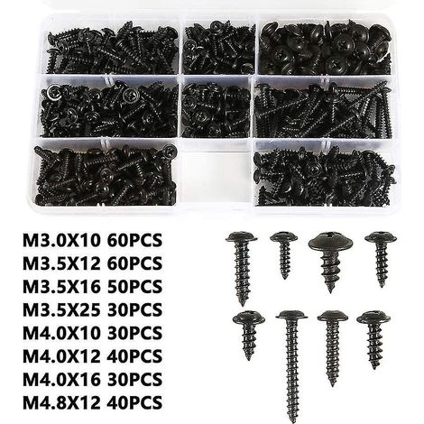 Vis à tôle noire auto-fonctionnelle 340 pièces, vis en acier au carbone auto-inoxydable, vis à tête plate, tête cruciforme pour bois, taille: M3.0-m4.8 (1/4)