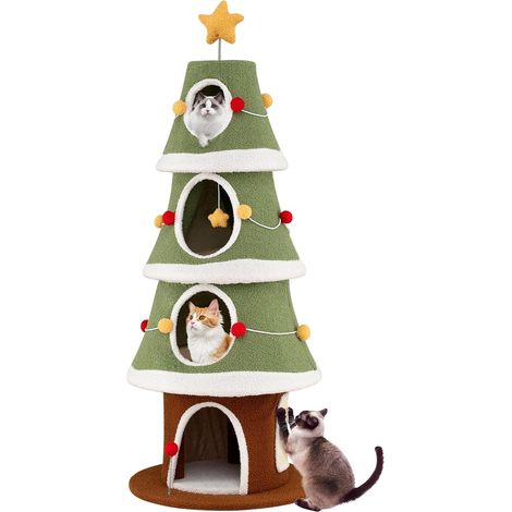 COSTWAY Arbre à Chat XXL de Noël 154 cm, 4 Condos, Planche à Griffer en Sisal, Arbre a Chat Design, Tissu Peluche Lavable, Étoile en Sommet, Tour pour Chaton à 4 Niveaux, Pompons, Base Large (154 cm) (1/5)