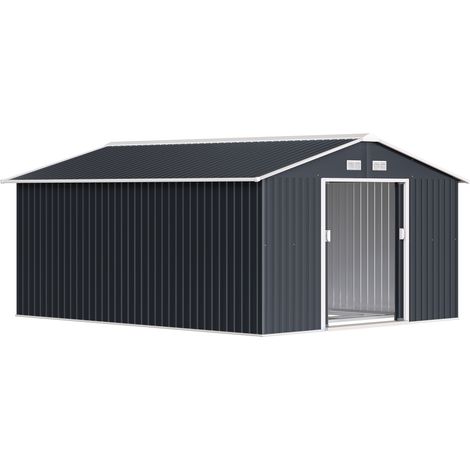 Abri de Jardin 12,4m² en Acier Galvanisé avec Kit de Fondation, Bouchons d'Aération, Abri de Jardin avec Toit Incliné, Double Porte Coulissante Verrouillable, Abri à Outils, Gris (1/5)