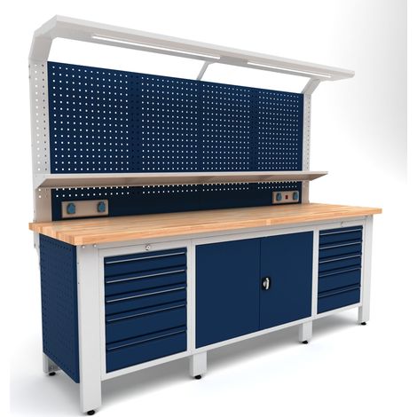 Établi d'atelier industriel 2500 mm PRACO W T31 - Plateau en hêtre massif - Éclairage LED - Tiroirs et armoire MW Tools PRAW2500T31 (1/3)